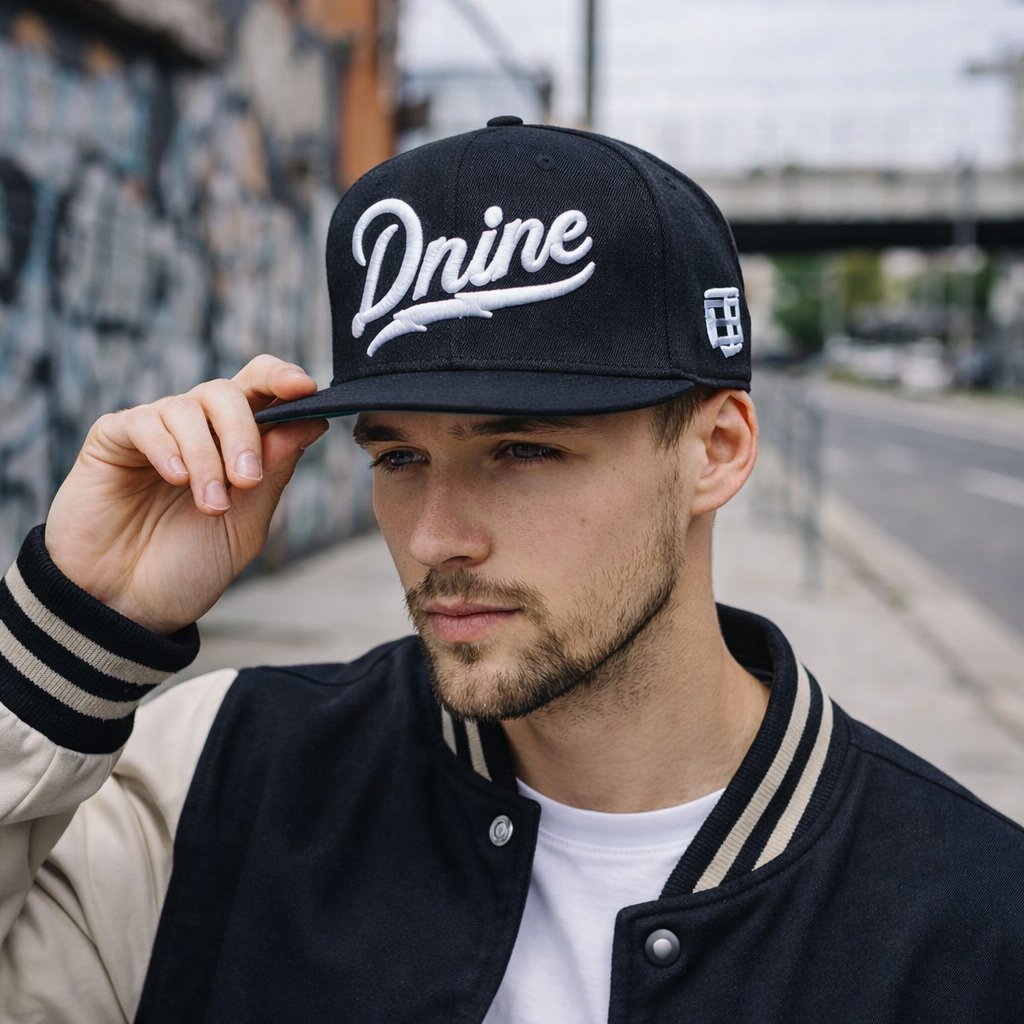 Classic Dnine Black Snapback Hat – Stylish 3D Embroidered Streetwear Cap