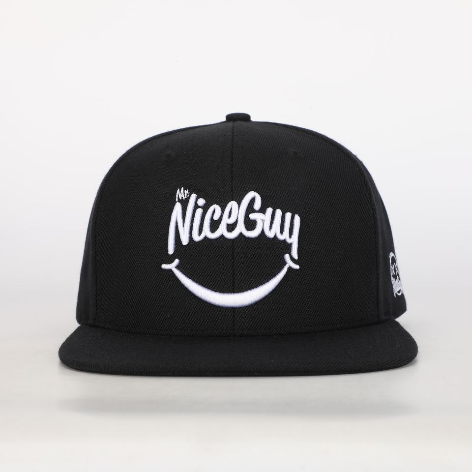 Black 6-Panel Snapback Cap with 3D Embroidered Smile Logo