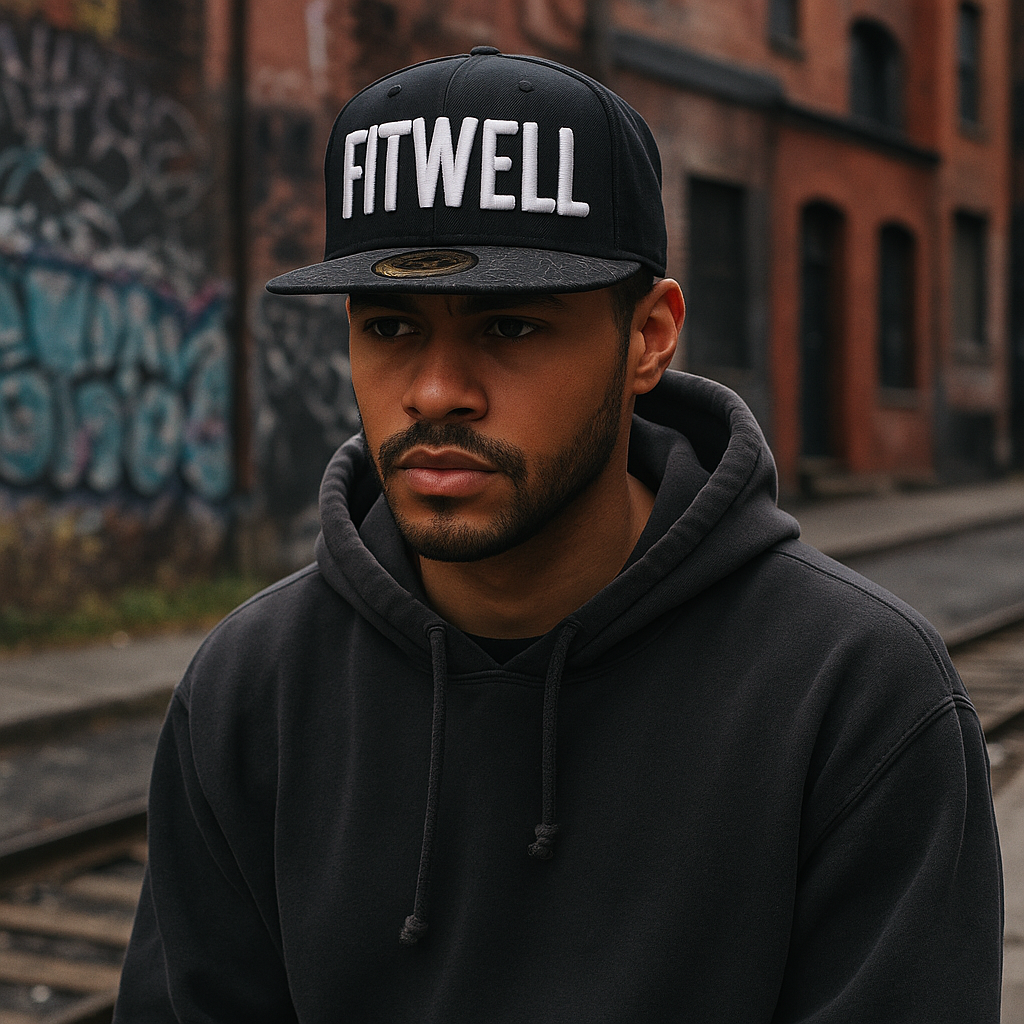 Black Snapback Hat with 3D Embroidered Lettering and Patterned Brim