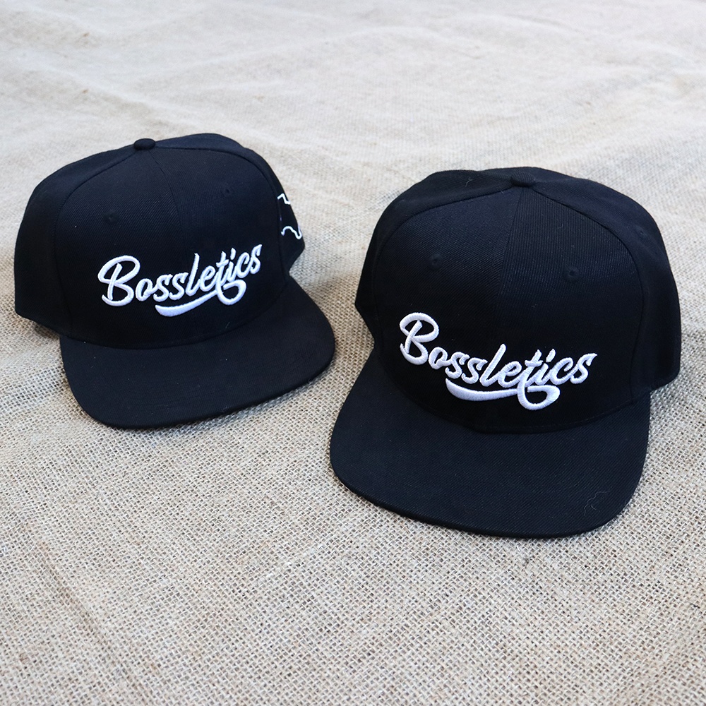 Black 6-Panel Snapback Cap with Raised Script Logo Embroidery