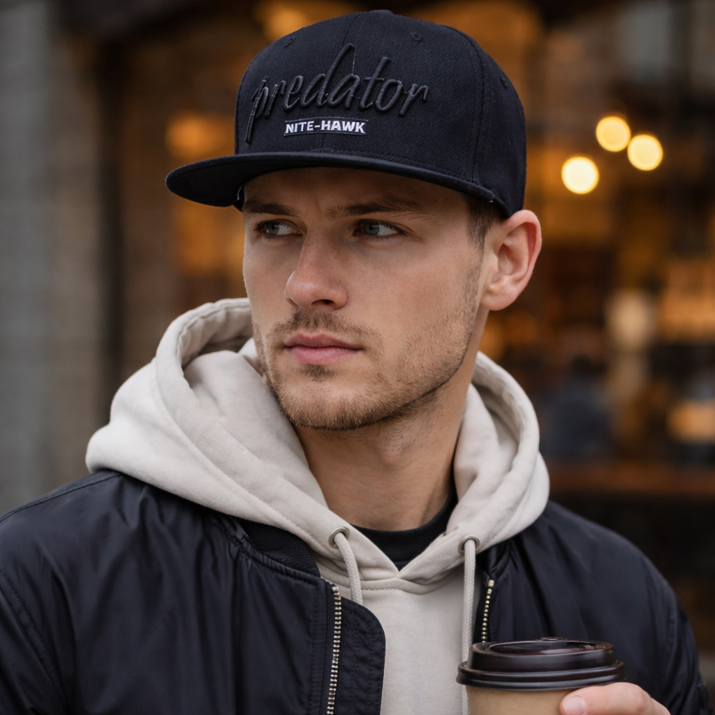 Black Predator Letter Snapback Cap – 3D Embroidered 6 Panel Streetwear Hat