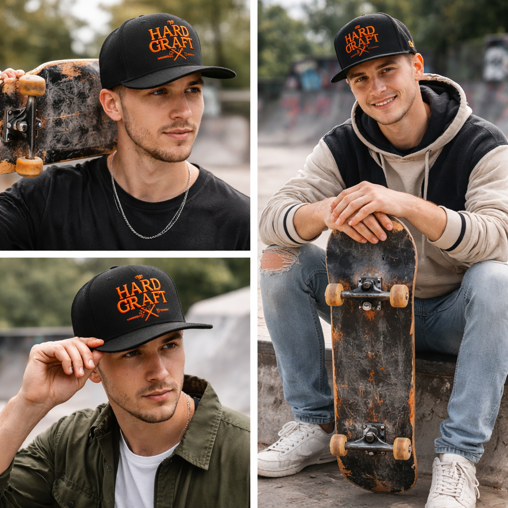 Hard Graft Embroidered Snapback Cap – Black & Orange Urban Style