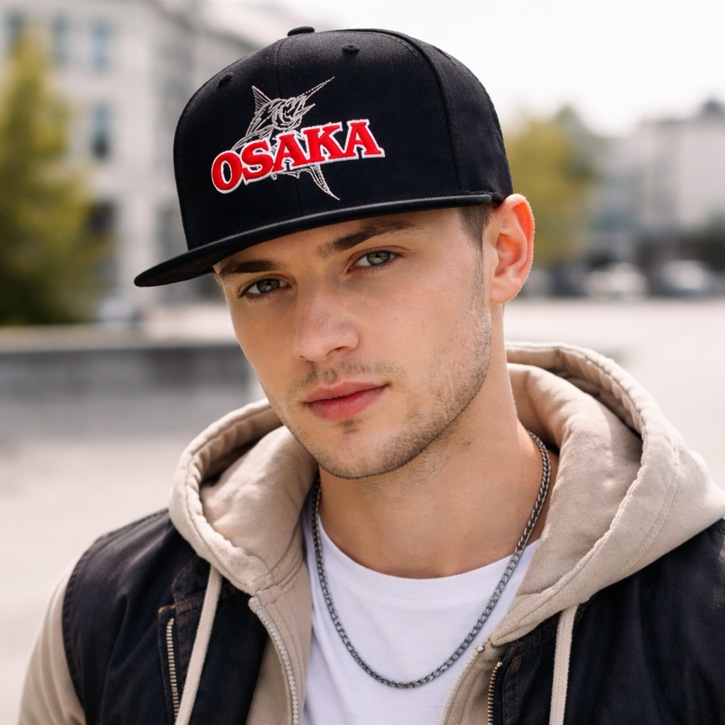 Black Snapback Cap with 3D Osaka Embroidery – 6 Panel Streetwear Hat
