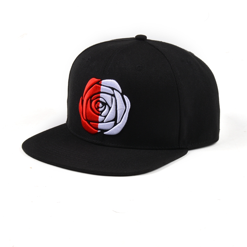 Black 6-Panel Snapback Cap with Bold Rose Embroidery