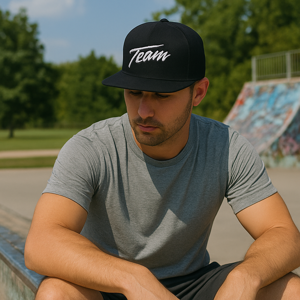 Black Flat Bill Snapback Hat with TEAM Script 3D Embroidery