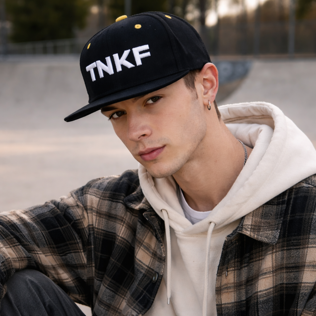 TNKF 3D Embroidered Black Snapback Cap – Street Style 6 Panel Hat