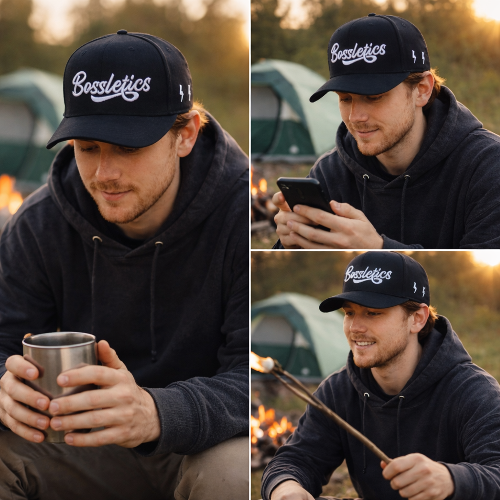 Black 6-Panel Snapback Cap with Raised Script Logo Embroidery