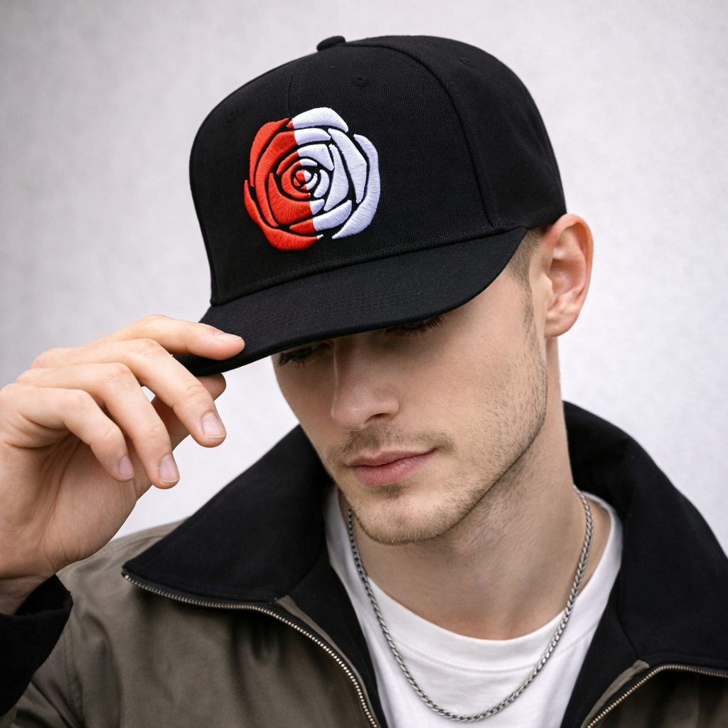 Black 6-Panel Snapback Cap with Bold Rose Embroidery