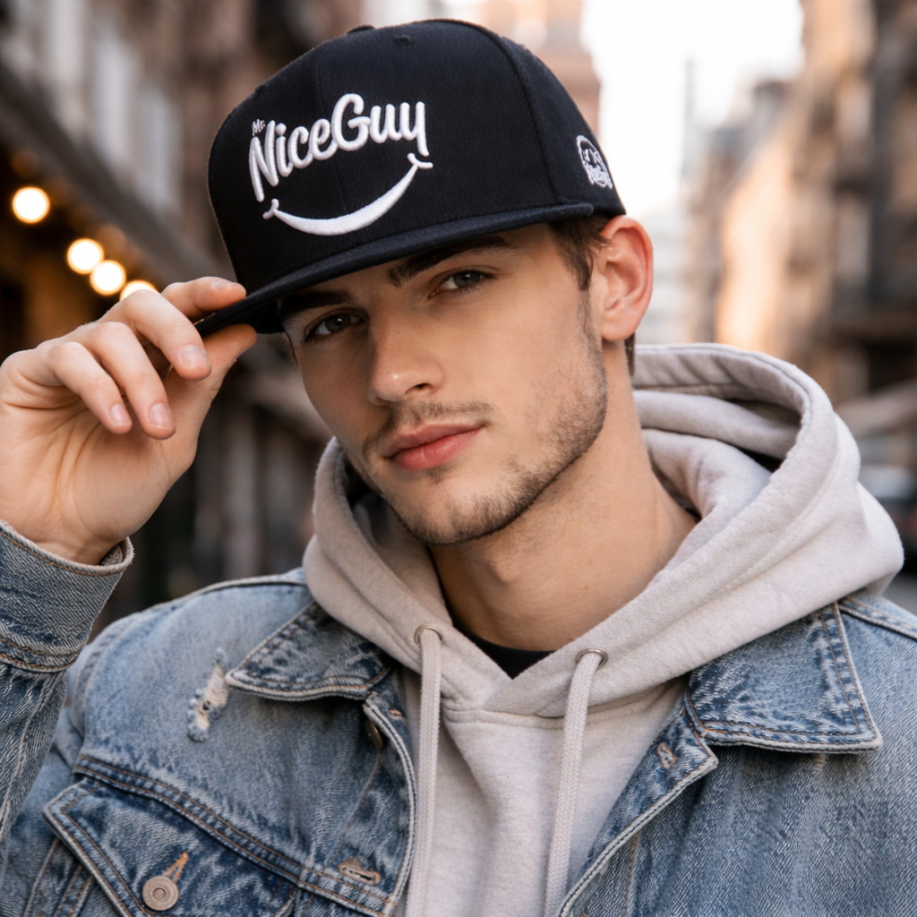 Black 6-Panel Snapback Cap with 3D Embroidered Smile Logo