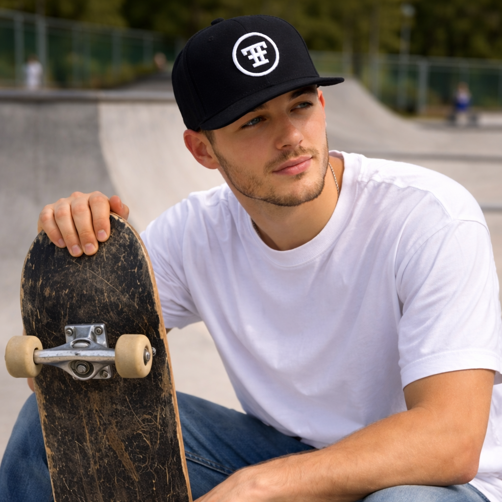 Black Flat Brim Snapback Hat with 3D Circle Logo Embroidery