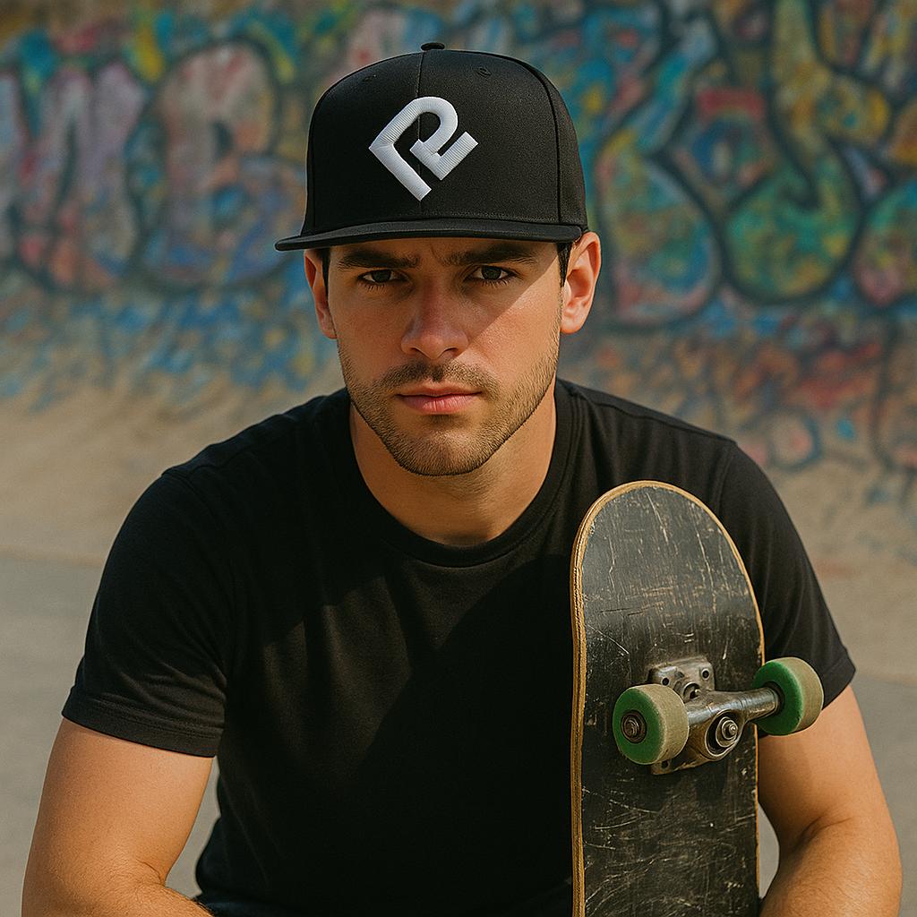 Black Flat Brim Snapback Hat with Raised 'R' 3D Embroidery