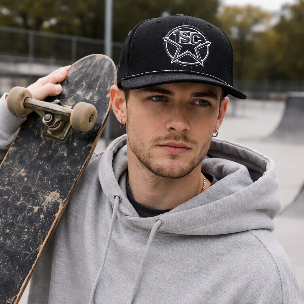 Black Flat Brim Snapback Cap with 3D Star Embroidery – Urban 6 Panel Hat