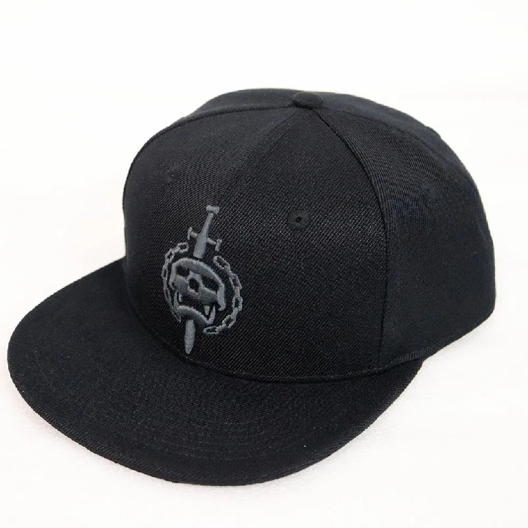All-Black 6-Panel Flat Brim Snapback Hat with 3D Skull Embroidery