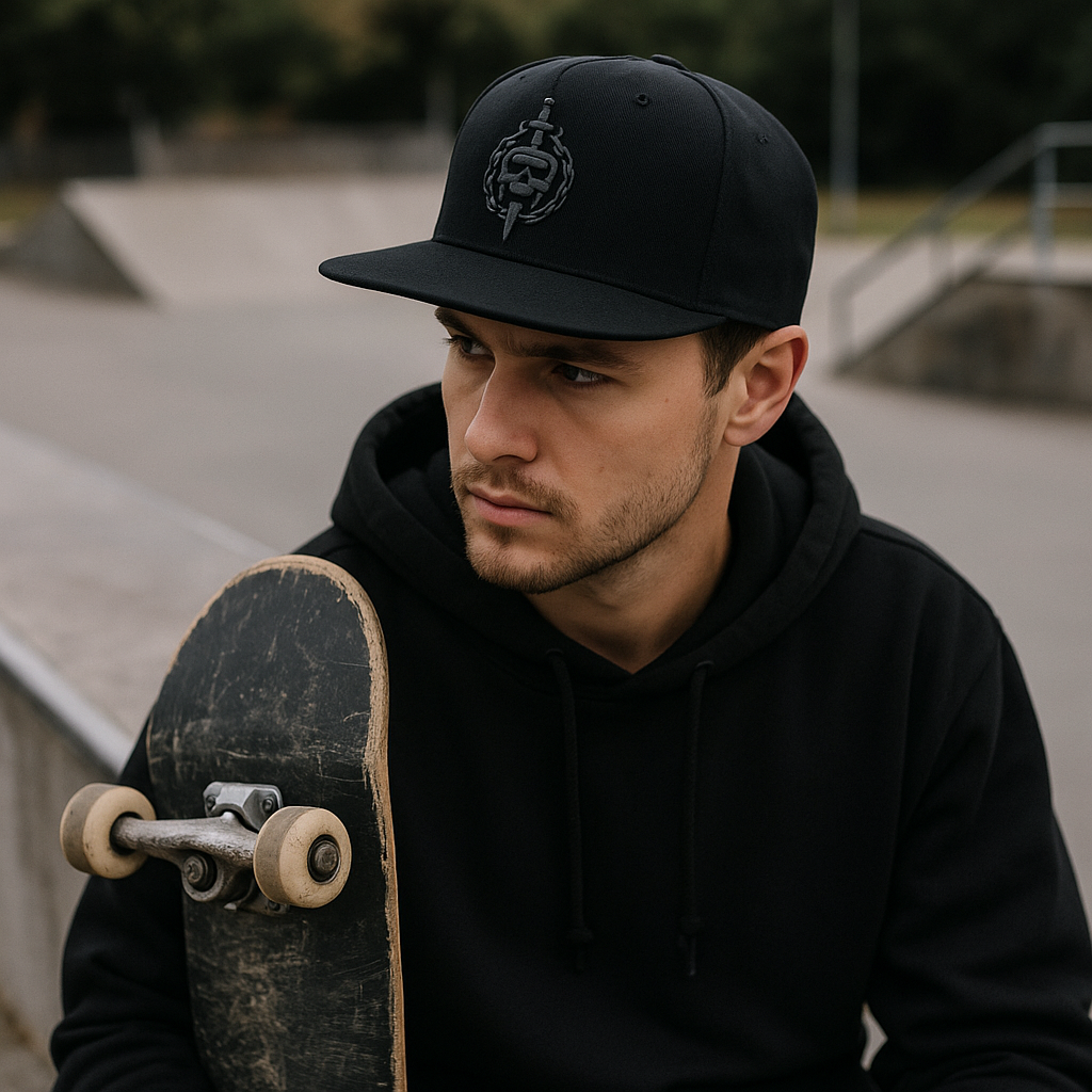 All-Black 6-Panel Flat Brim Snapback Hat with 3D Skull Embroidery