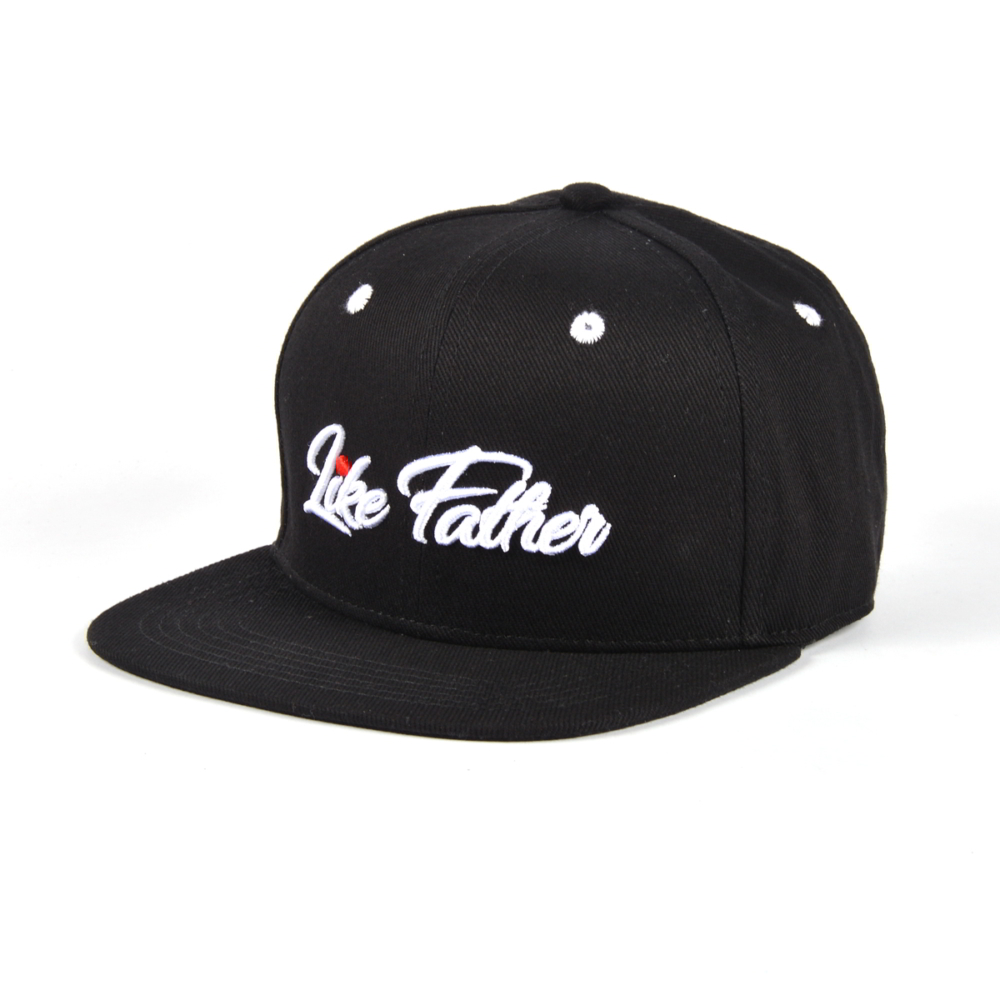 “Like Father” Black Flat Brim Snapback Cap – Bold Statement Headwear