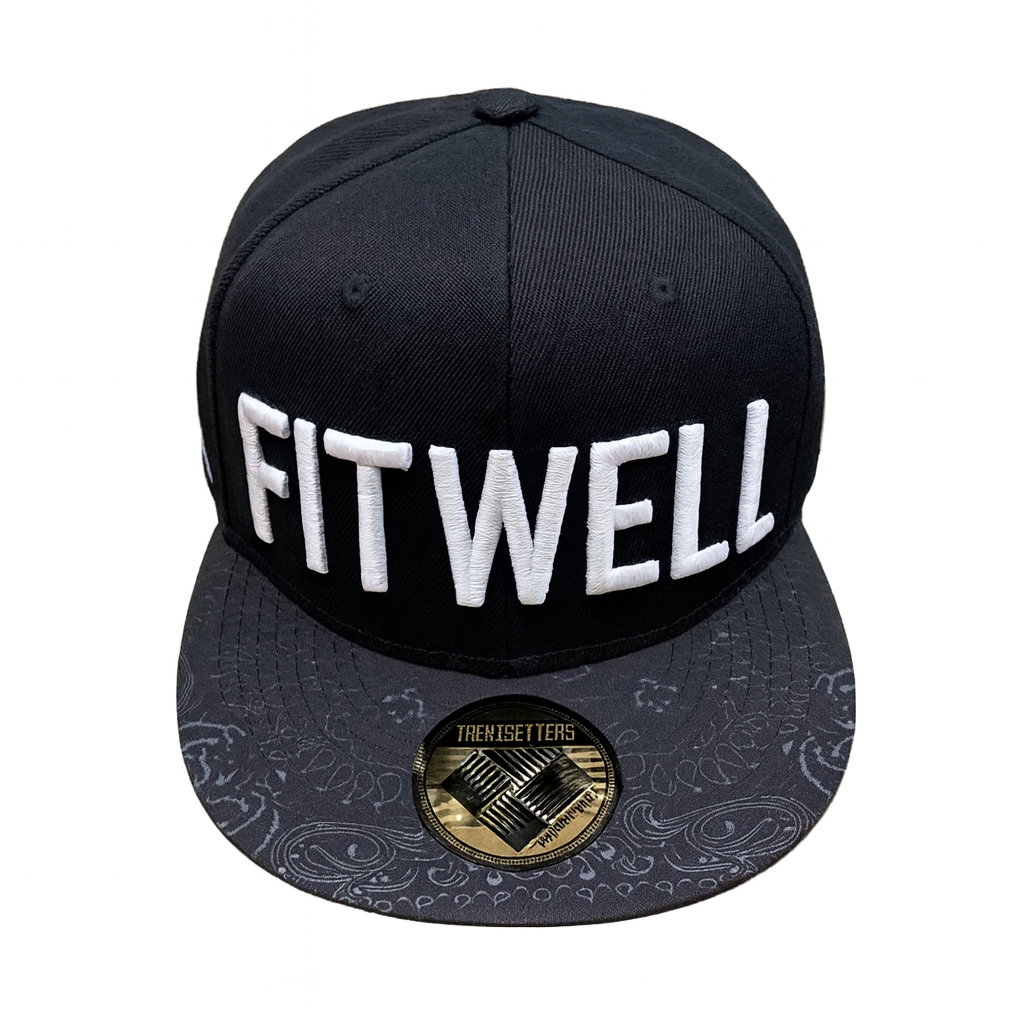 Black Snapback Hat with 3D Embroidered Lettering and Patterned Brim