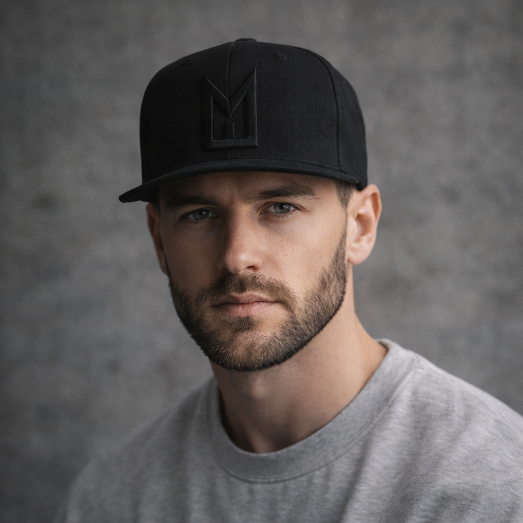 All Black Minimalist Snapback Cap – 3D Logo Flat Brim Hat