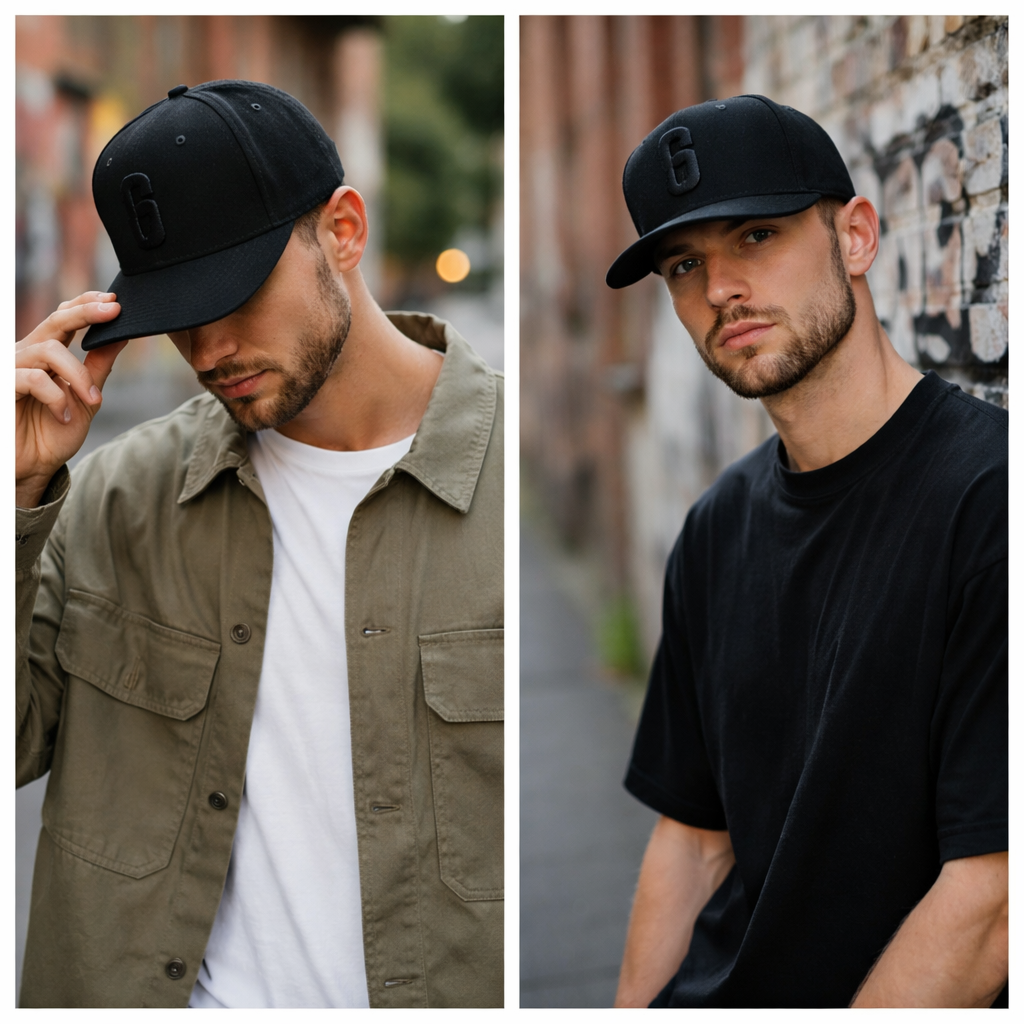 Black 6-Panel Flat Brim Snapback Cap with 3D Embroidered Logo