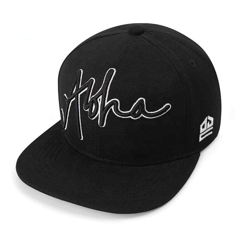 Black Aloha Script Embroidered Flat Brim Snapback Hat