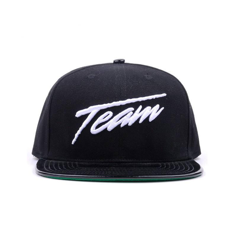 Black Flat Bill Snapback Hat with TEAM Script 3D Embroidery