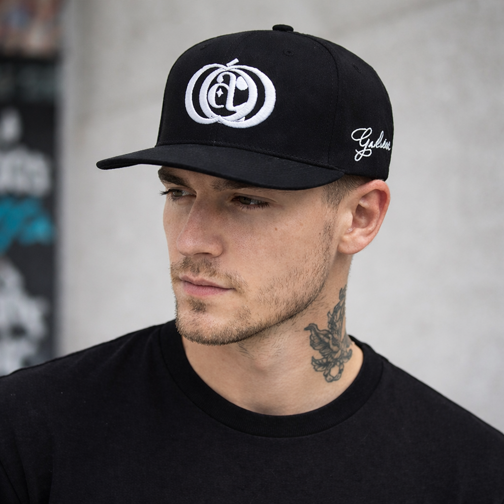 Black Gothic-Inspired 3D Embroidered Snapback Hat with Iconic Symbol