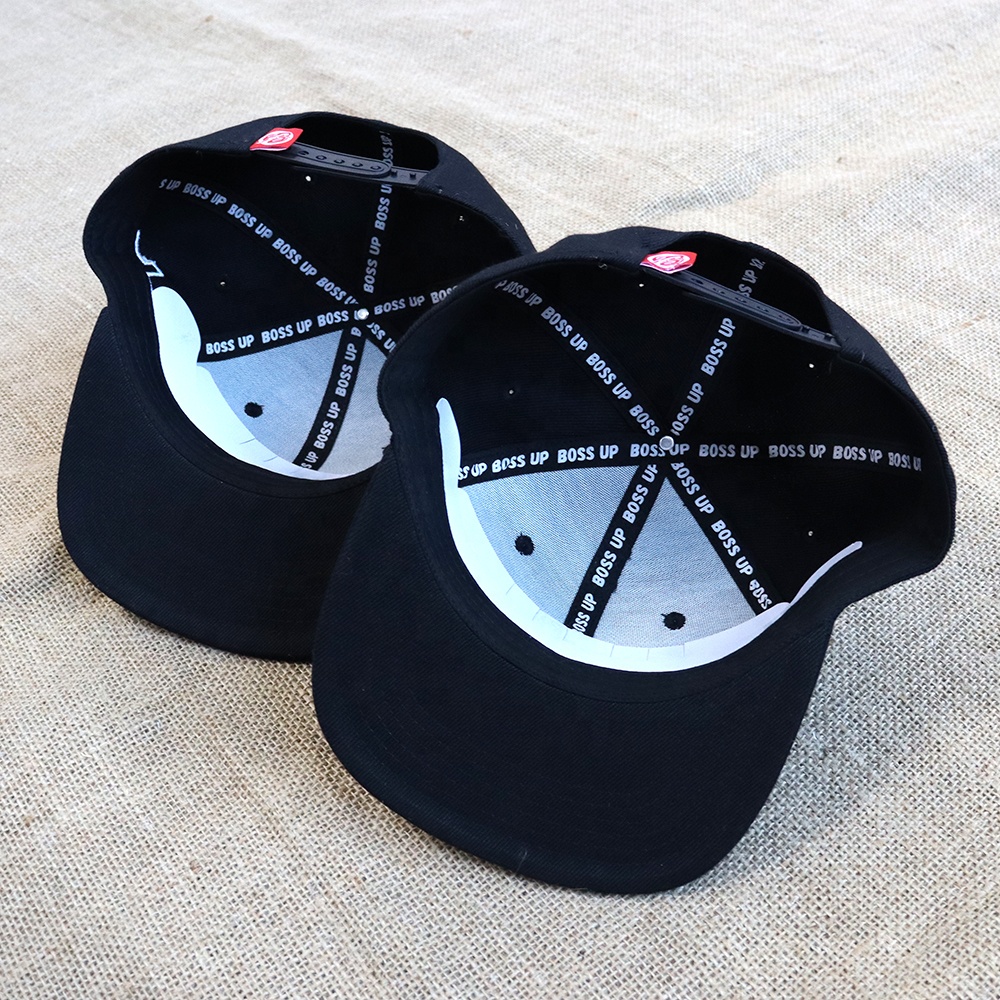 Black 6-Panel Snapback Cap with Raised Script Logo Embroidery