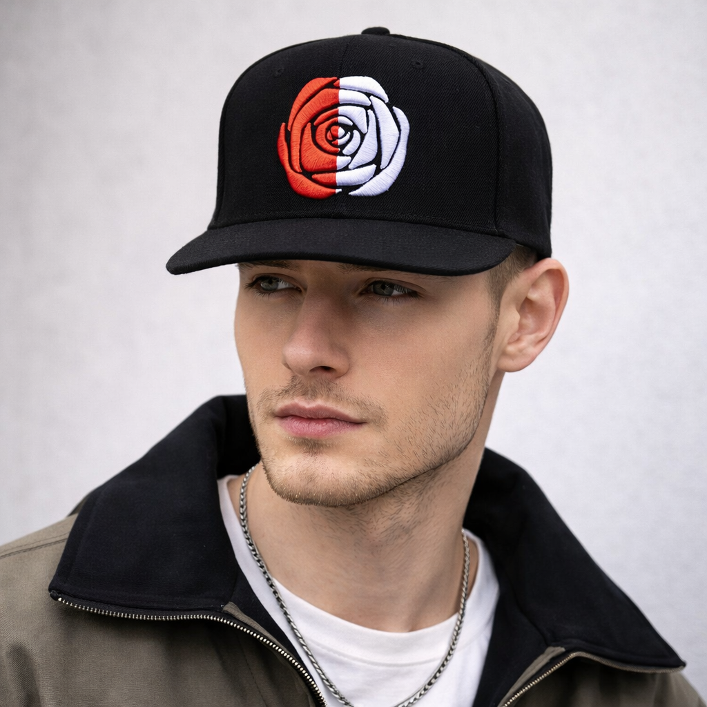 Black 6-Panel Snapback Cap with Bold Rose Embroidery
