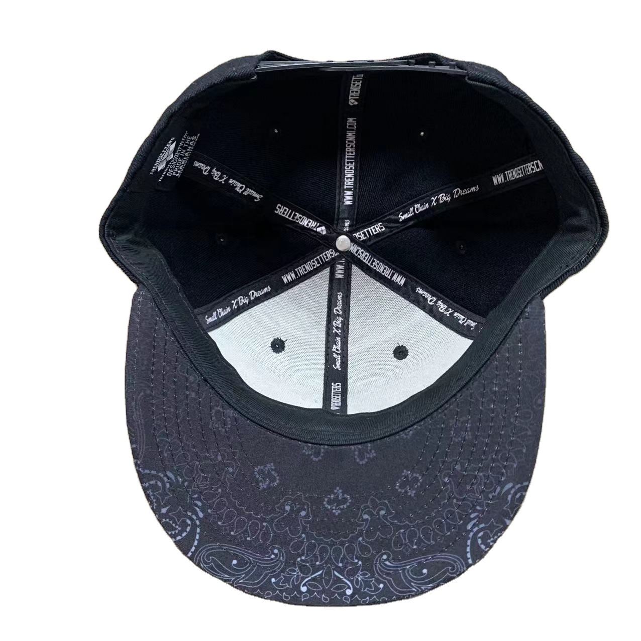 Black Snapback Hat with 3D Embroidered Lettering and Patterned Brim