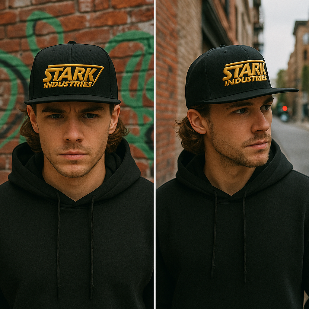 Stark Industries Flat Brim Snapback Hat with Yellow 3D Embroidery