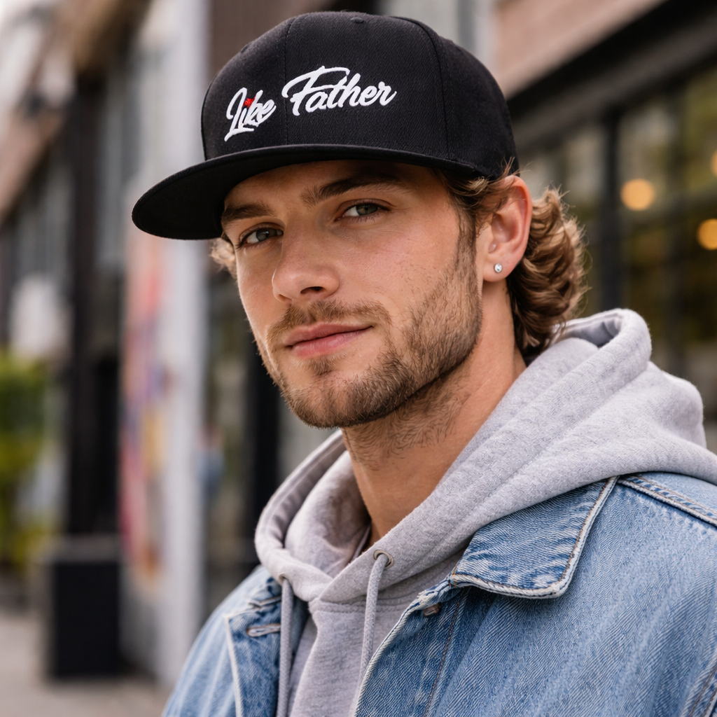 “Like Father” Black Flat Brim Snapback Cap – Bold Statement Headwear
