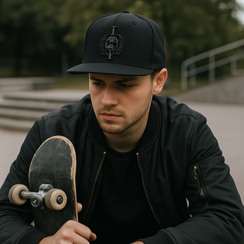 All-Black 6-Panel Flat Brim Snapback Hat with 3D Skull Embroidery