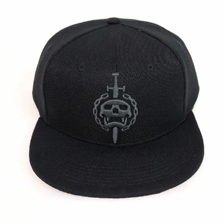 All-Black 6-Panel Flat Brim Snapback Hat with 3D Skull Embroidery