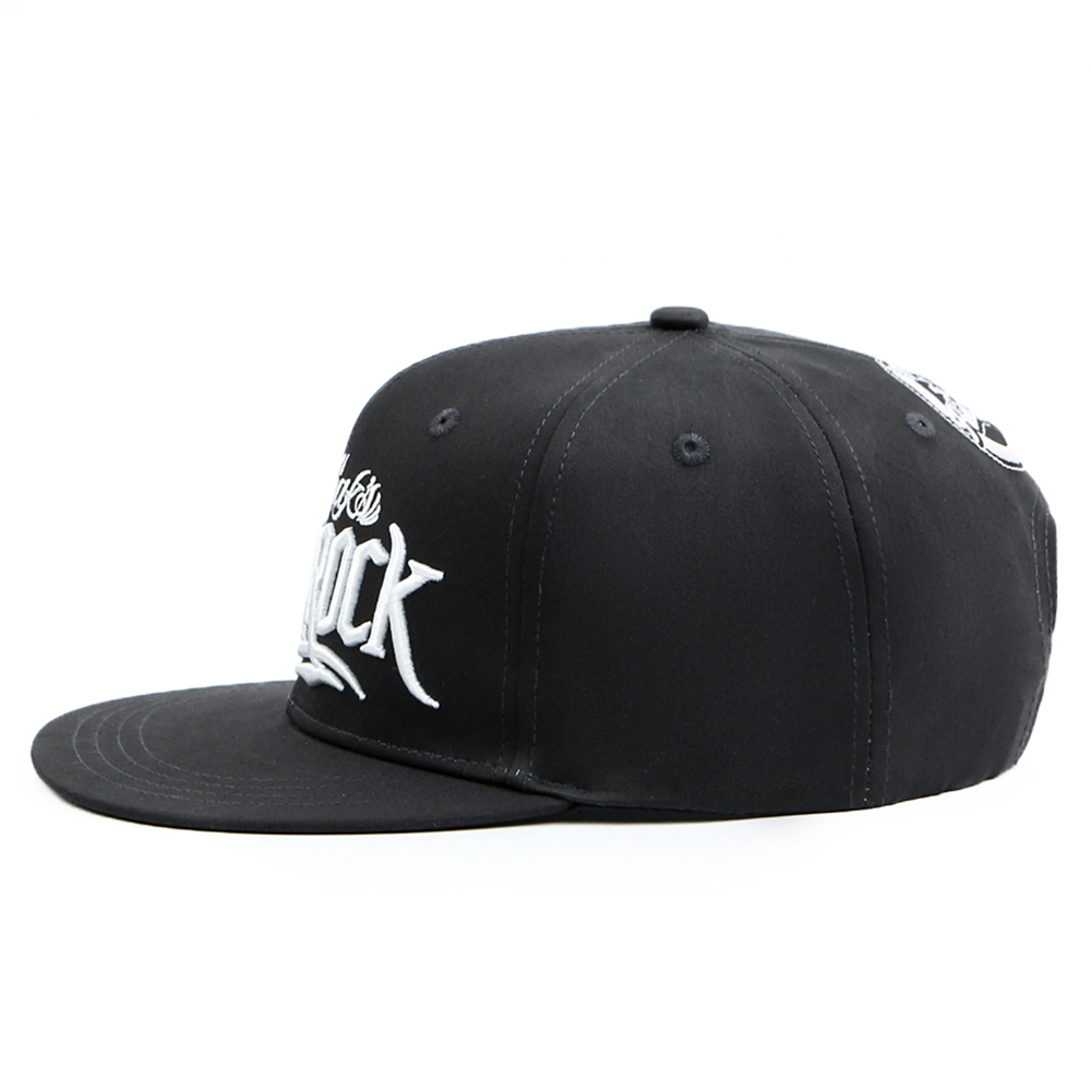 Black 6 Panel 3D Embroidered Flat Brim Snapback Cap with Bold Logo
