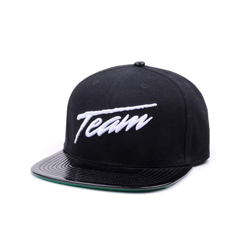 Black Flat Bill Snapback Hat with TEAM Script 3D Embroidery