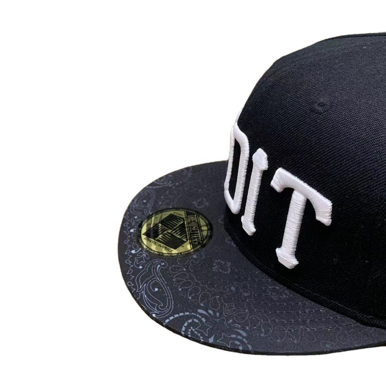 Black Snapback Hat with 3D Embroidered Lettering and Patterned Brim