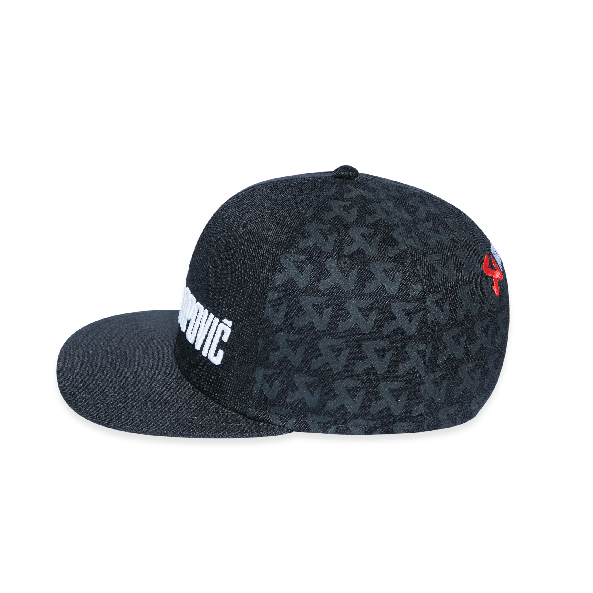 Black Flat Brim Cap with Red & White 3D Embroidery – 6 Panel Streetwear Snapback