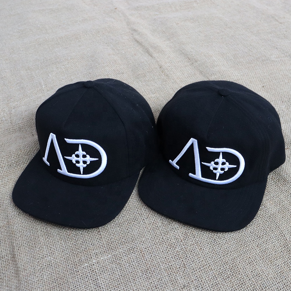 Black 6 Panel Snapback Cap with 3D Embroidered Logo Classic Streetwear Hat