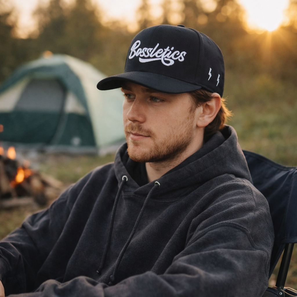 Black 6-Panel Snapback Cap with Raised Script Logo Embroidery