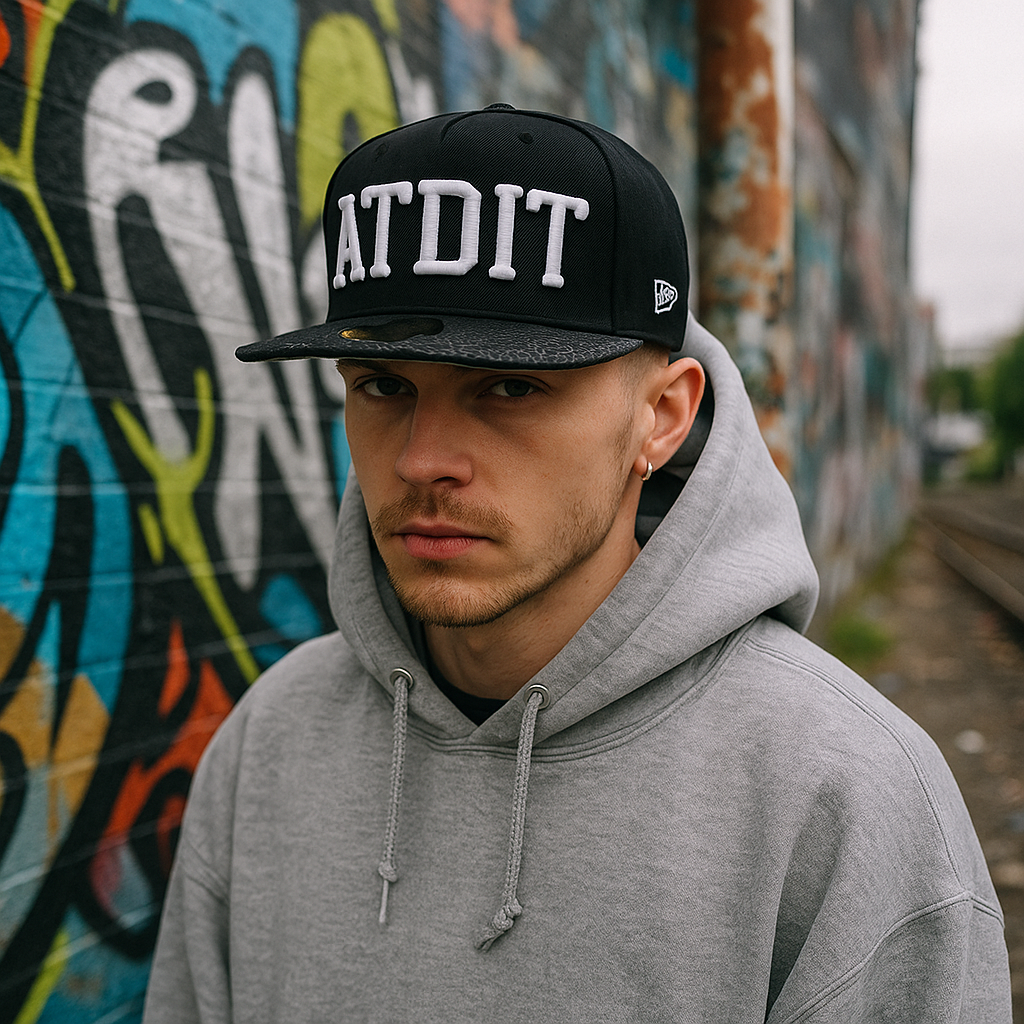 Black Snapback Hat with 3D Embroidered Lettering and Patterned Brim
