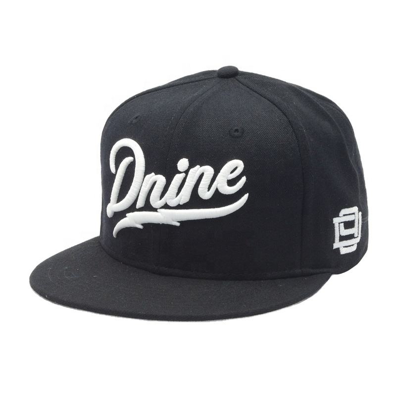 Dnine Black 3D Embroidered Flat Bill Snapback Cap