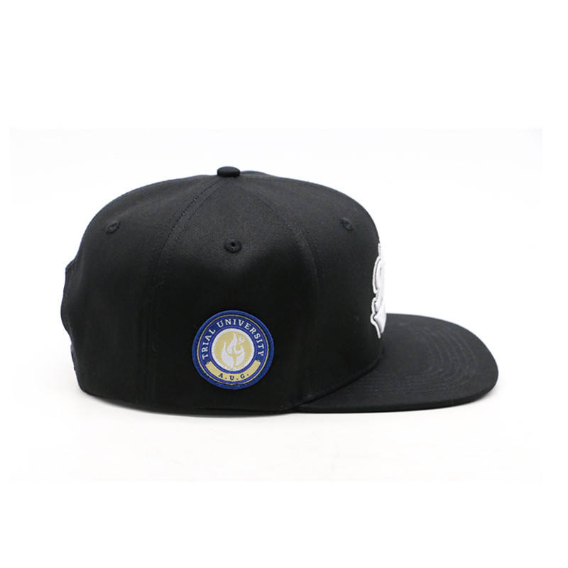 Black Snapback Hat with Trial University 3D Embroidery – Flat Brim Cap