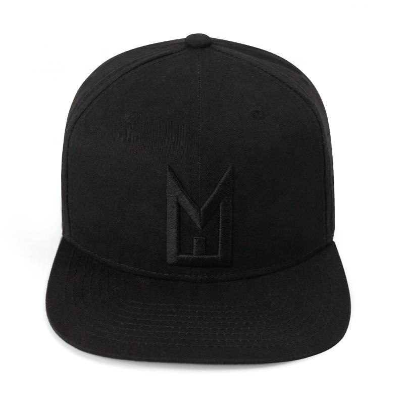 All Black Minimalist Snapback Cap – 3D Logo Flat Brim Hat