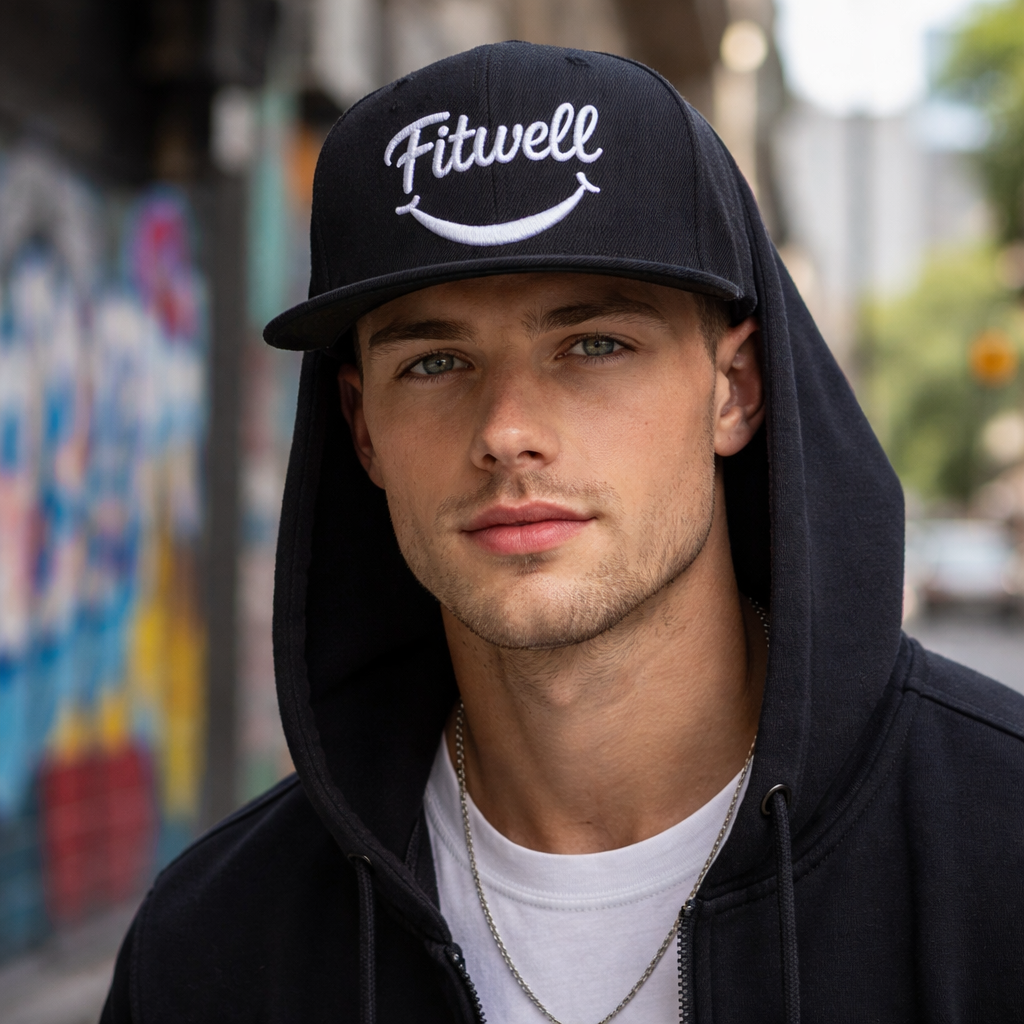 Black 6-Panel Snapback Cap with 3D Embroidered Smile Logo