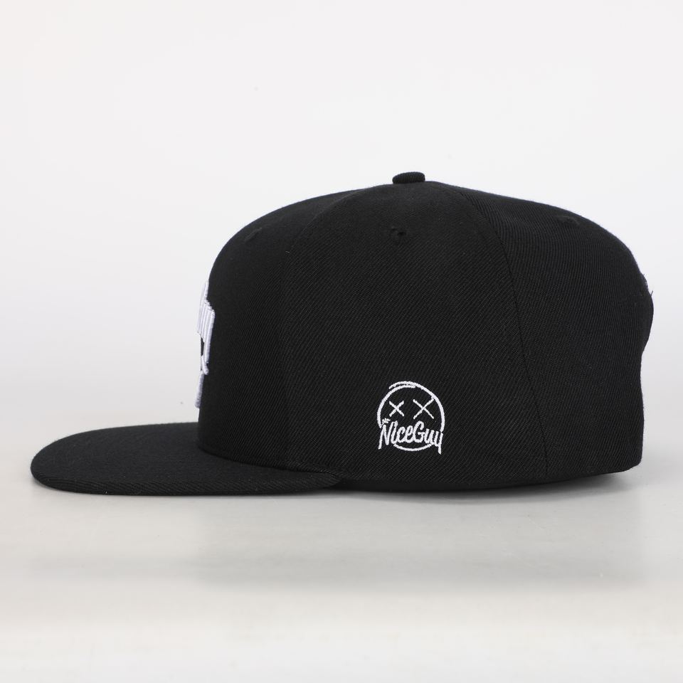 Black 6-Panel Snapback Cap with 3D Embroidered Smile Logo