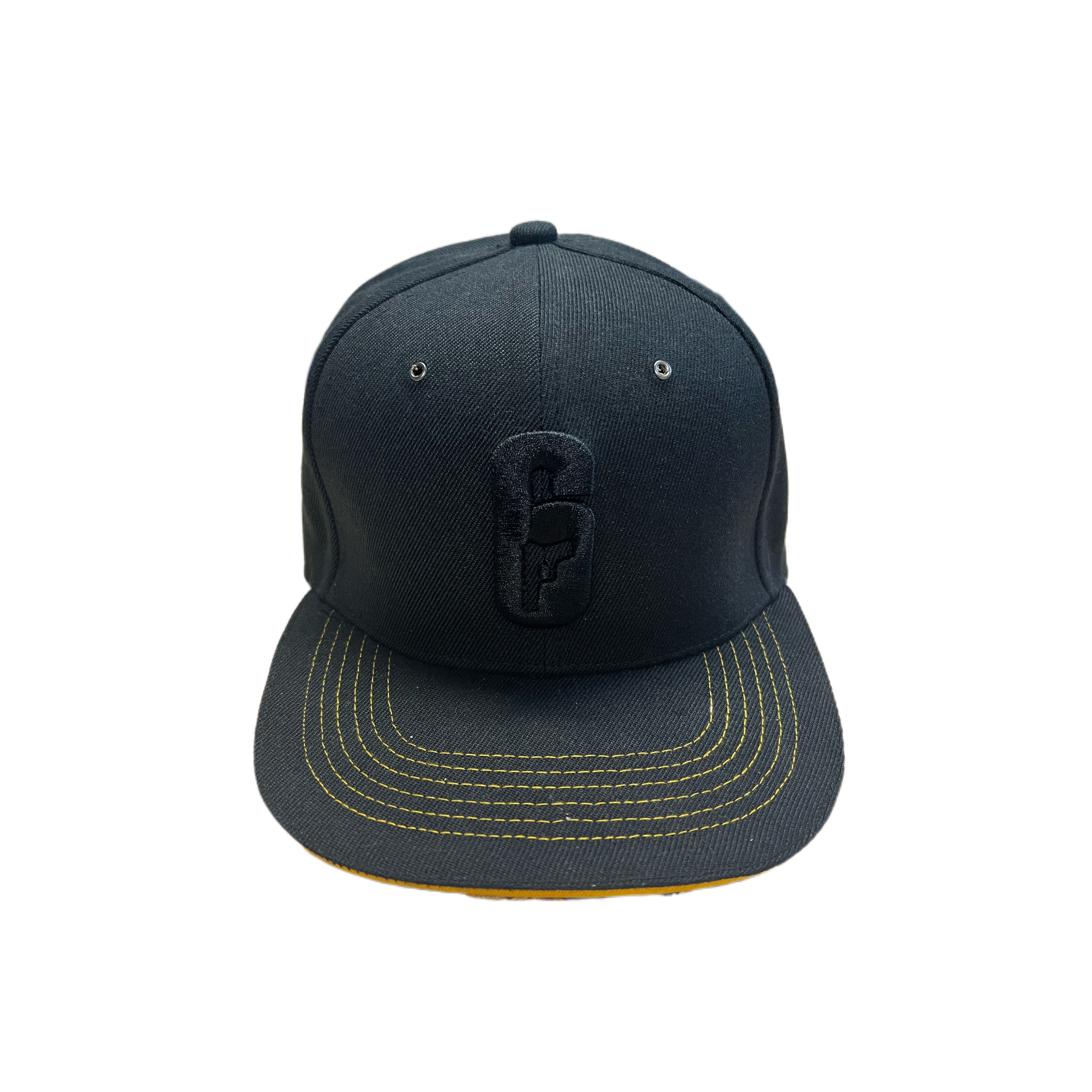 Black 6-Panel Flat Brim Snapback Cap with 3D Embroidered Logo
