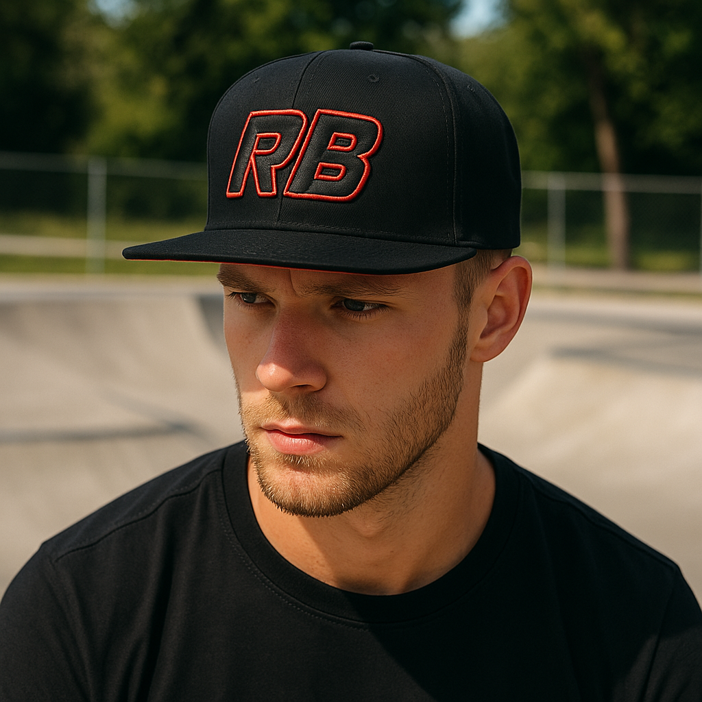 Black Flat Brim Snapback Hat with 3D RB Embroidery