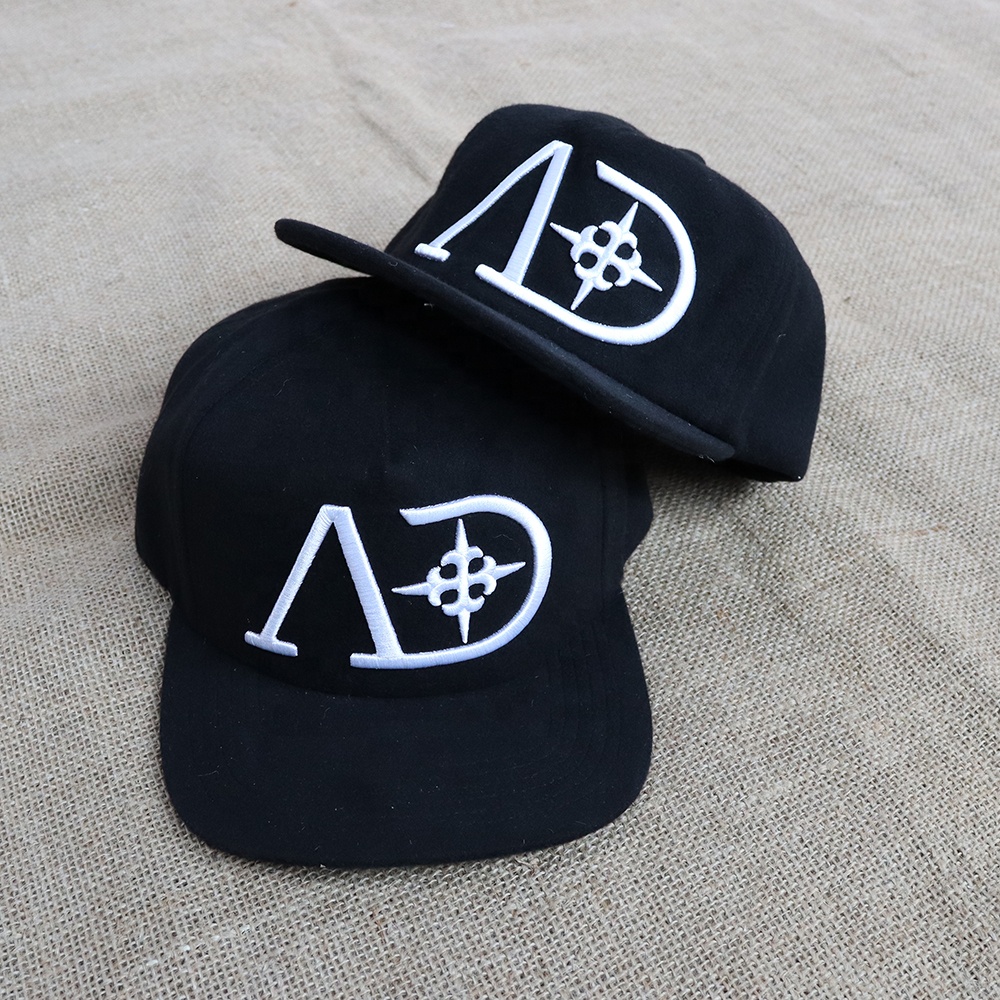 Black 6 Panel Snapback Cap with 3D Embroidered Logo Classic Streetwear Hat