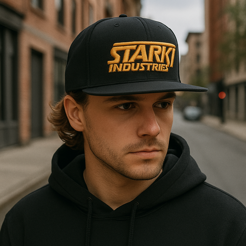 Stark Industries Flat Brim Snapback Hat with Yellow 3D Embroidery