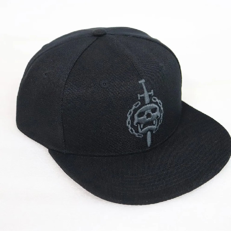 All-Black 6-Panel Flat Brim Snapback Hat with 3D Skull Embroidery
