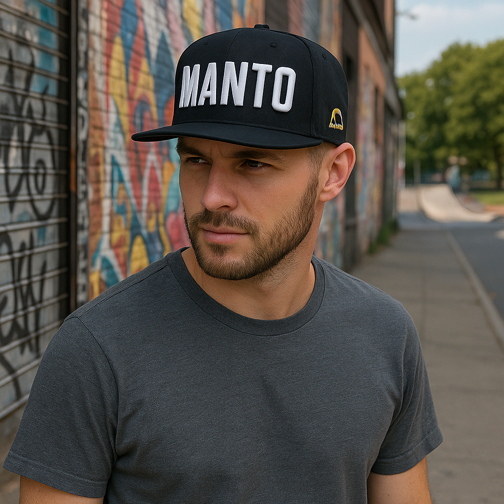 MANTO Letter 3D Embroidered Flat Brim Snapback Cap